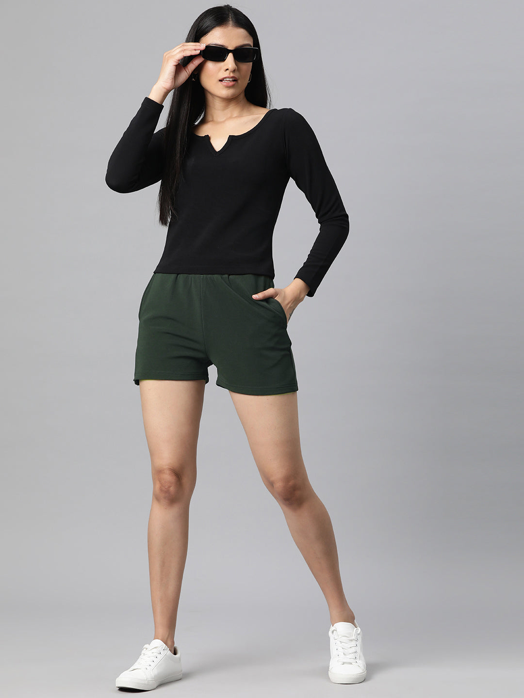 Olive Green Solid Mid-Rise Regular Shorts