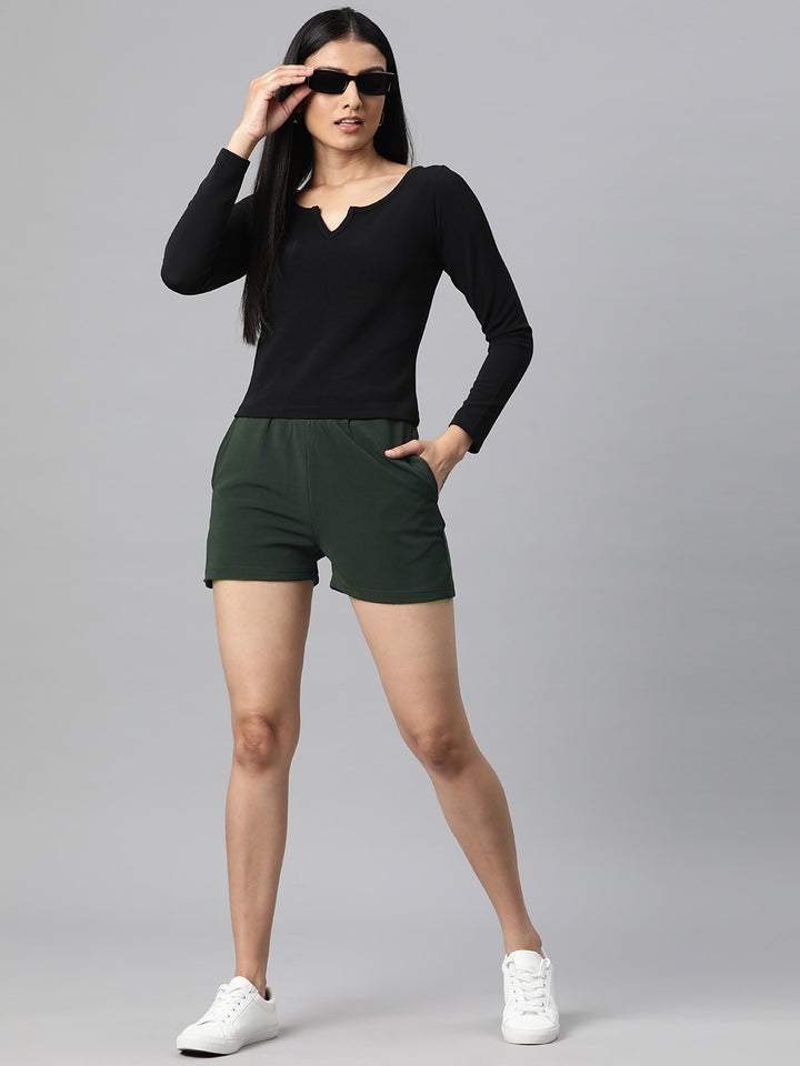 Olive Green Solid Mid-Rise Regular Shorts