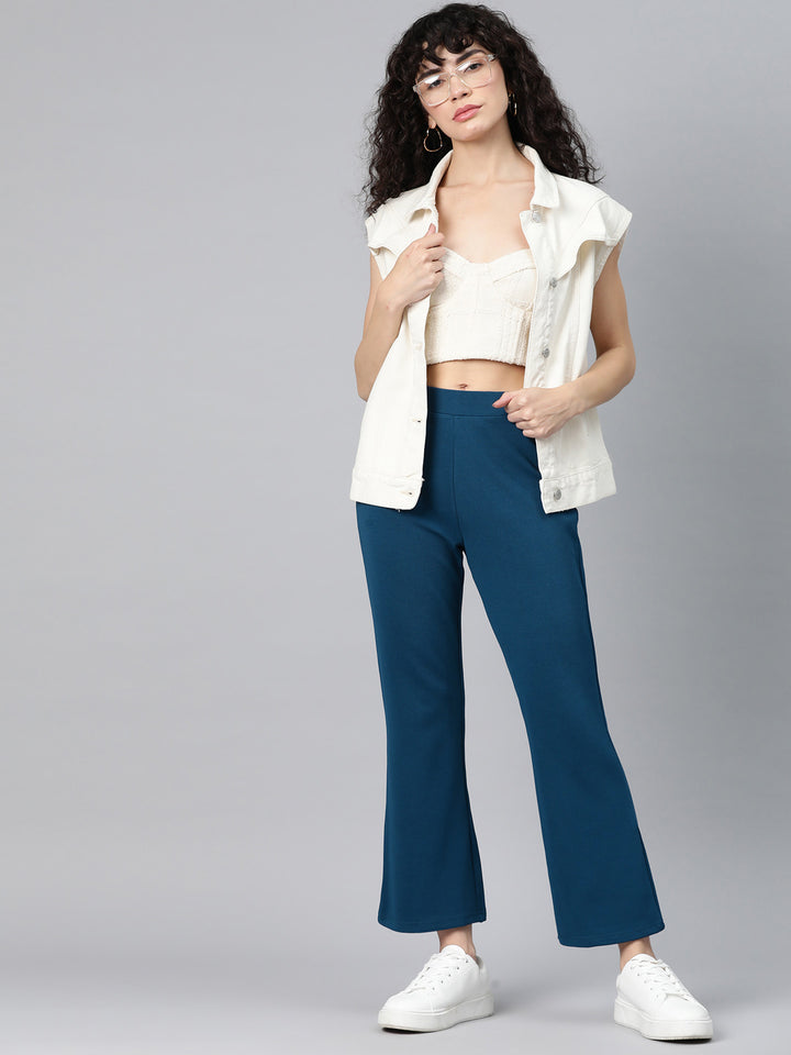Teal Slim Fit High-Rise Bootcut Trousers