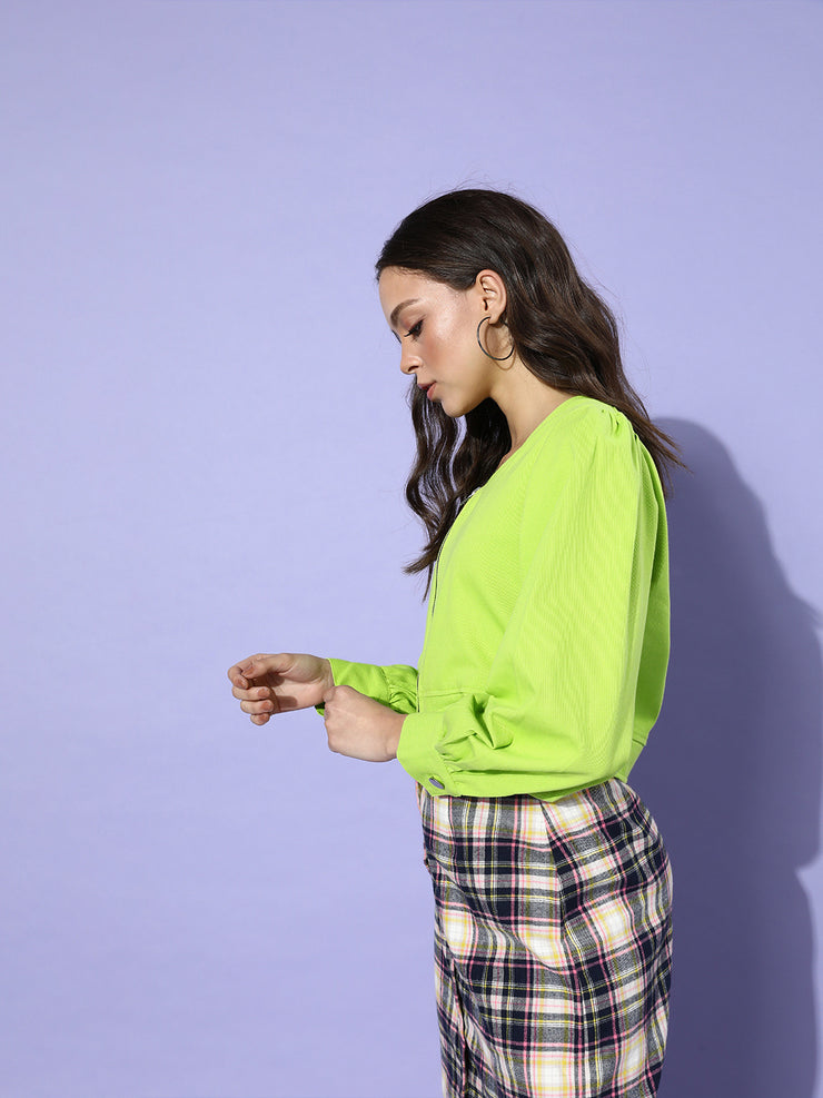 Women Fluorescent Green Solid Pure Cotton Cropped Jacket