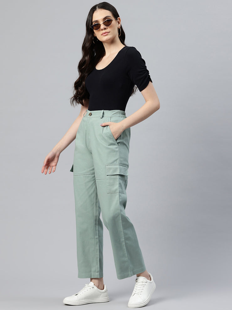 Sea Green Flat-Front High-Rise Pure Cotton Cargos