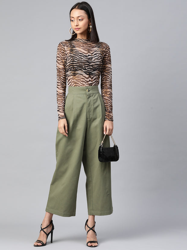 Women Olive Green Cotton Cropped Parallel Trousers