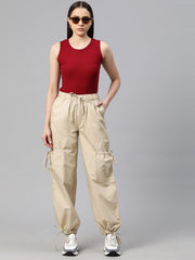 Beige Loose Fit High-Rise Pure Cotton Parachute Cargo Trouser