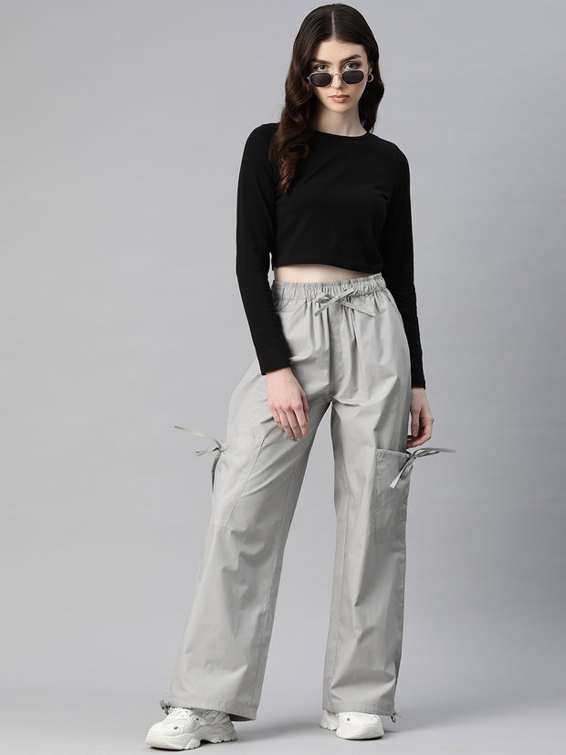 Grey Loose Fit High-Rise Pure Cotton Parachute Cargo Trouser