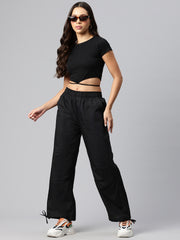 Black Women Loose Fit High-Rise Cargos Trousers