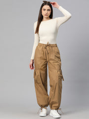 Taupe Loose Fit High-Rise Pure Cotton Parachute Cargo Trouser