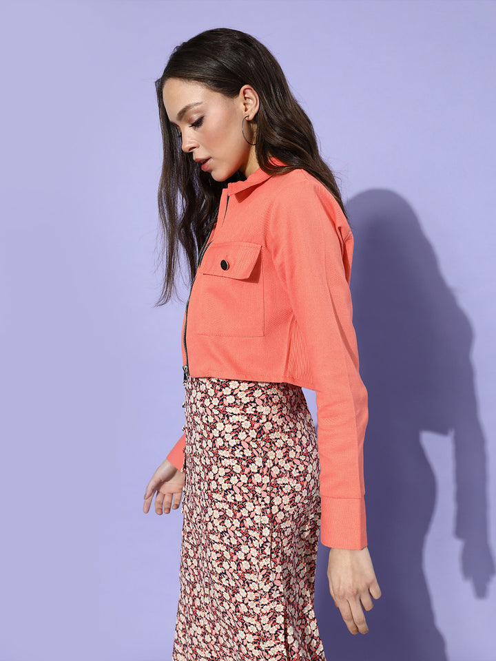 Attractive Peach Solid Pure Cotton Cropped Jacket