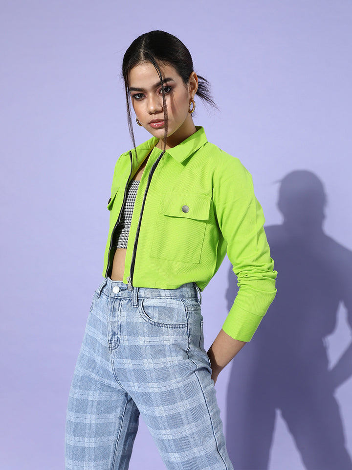 Women Attractive Fluorescent Green Solid Pure Cotton Denim Trucker Jacket