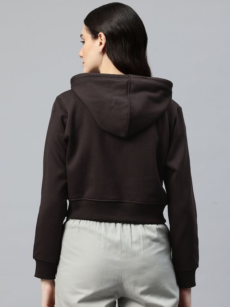 Brown Crop Fleece Hooded Sweatshirt