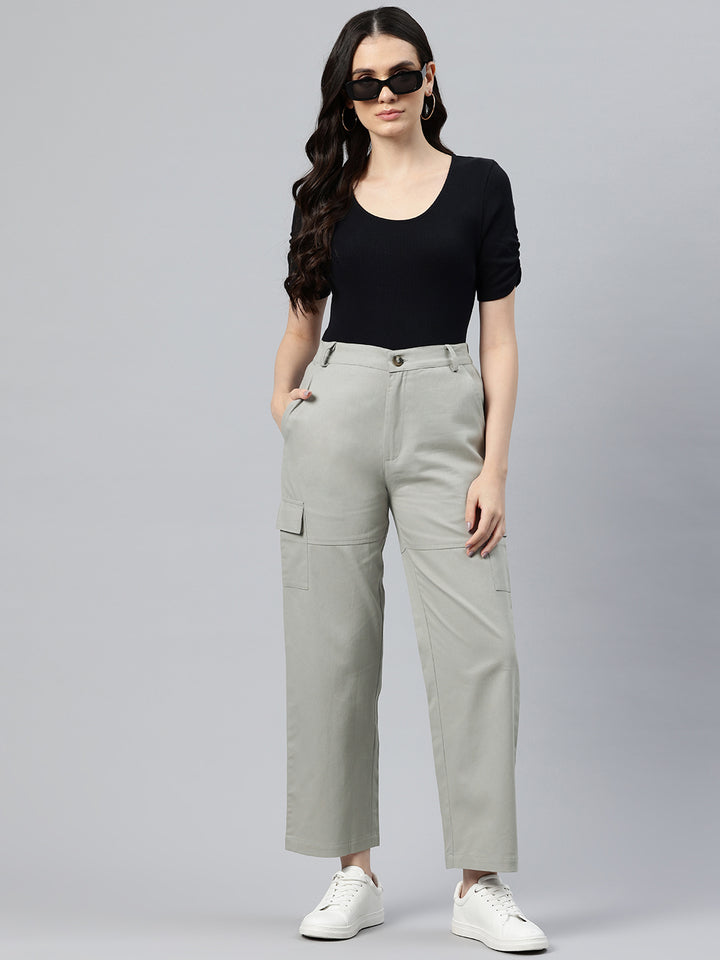Grey Flat-Front High-Rise Pure Cotton Cargos