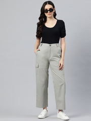 Grey Flat-Front High-Rise Pure Cotton Cargos