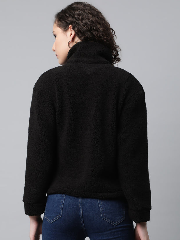 Woman Black Faux-Fur Sweatshirt, Full Zipper
