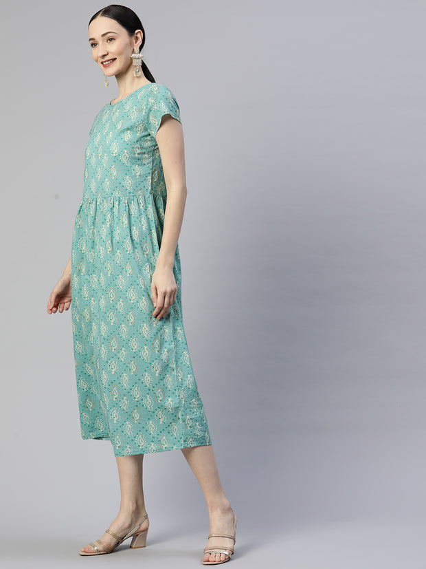 Pastel Green Abstract Printed Cotton A-Line Dress
