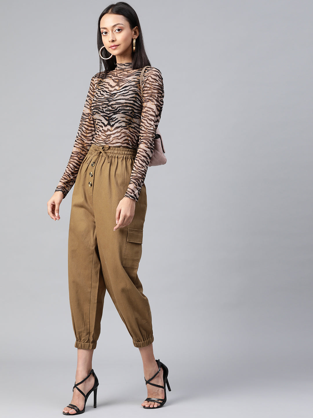 Women Khaki High-Rise Cargo Joggers