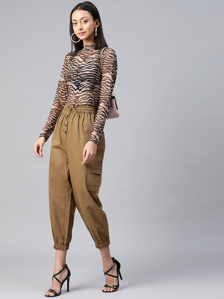 Women Khaki High-Rise Cargo Joggers