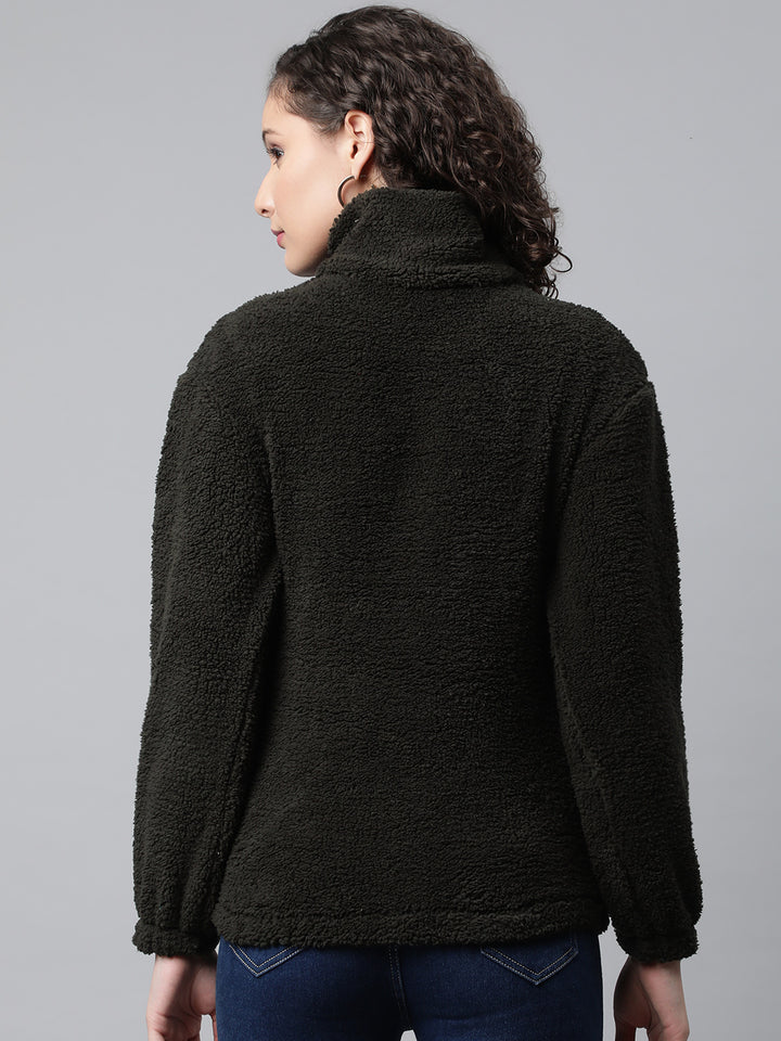 Women Olive Green Faux Fur Sweatshirt, Half Zipper