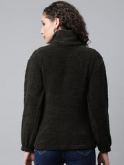 Women Olive Green Faux Fur Sweatshirt, Half Zipper