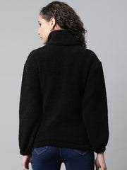 Women Black Faux Fur Sweatshirt, Half Zipper