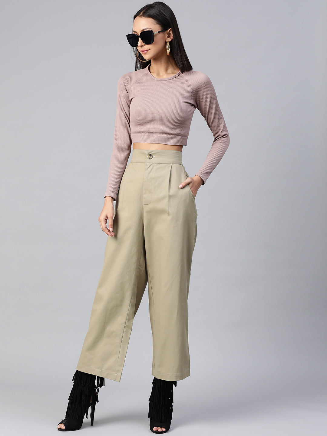 Women Beige High-Rise Parallel Trousers