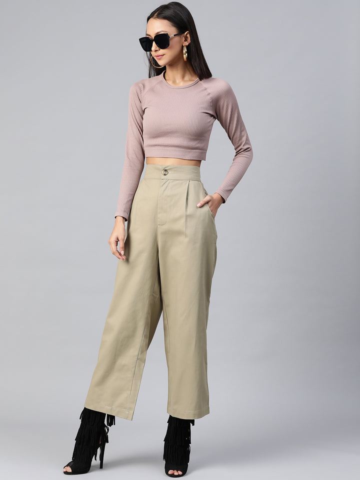 Women Beige High-Rise Parallel Trousers