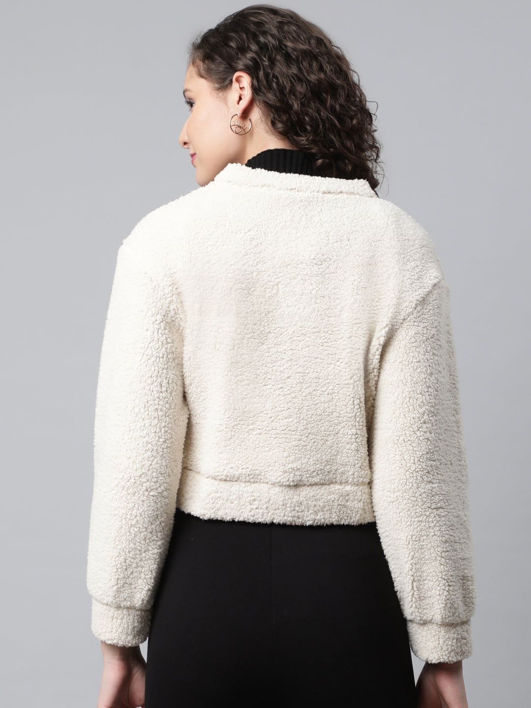 Women Off White Cropped Faux Fur Sweatshirt