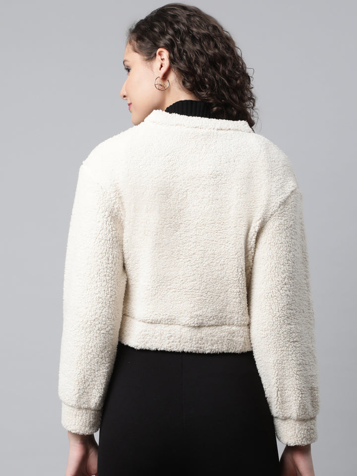 Women Off White Cropped Faux Fur Sweatshirt