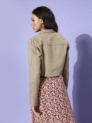 Grey Solid Pure Cotton Cropped Jacket