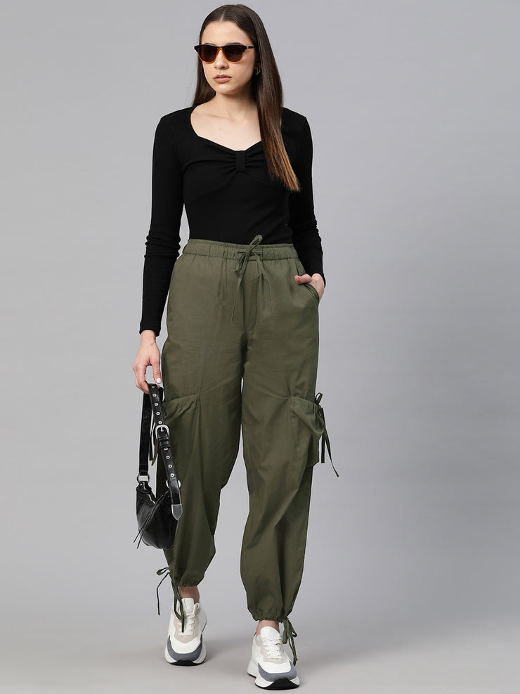 Olive Green Loose Fit High-Rise Pure Cotton Parachute Cargo Trouser