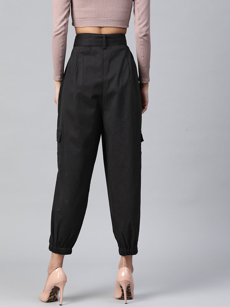 Women Black High-Rise Cargo Joggers with Belt