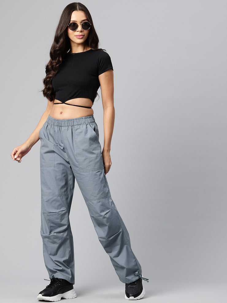 Grey Women Loose Fit High-Rise Cargos Trousers