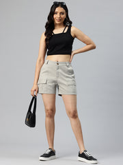 Grey High-Rise Pure Cotton Cargo Shorts