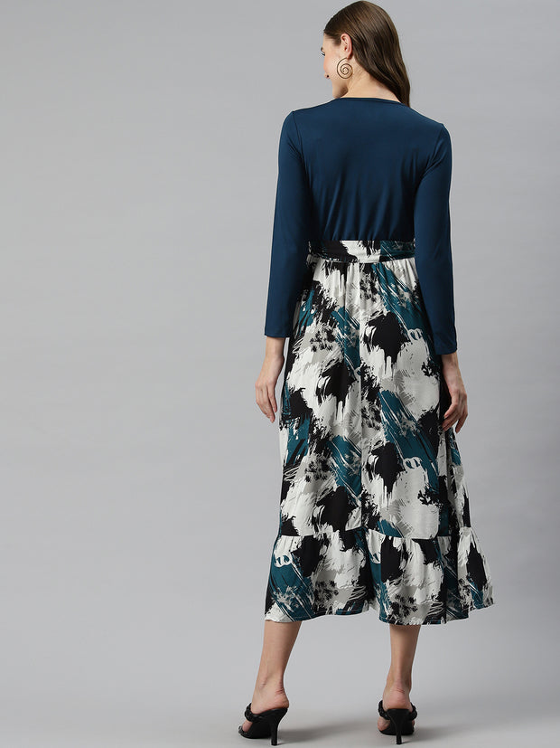 Teal and White Abstract Print A-Line Tiered Midi Dress with Belt