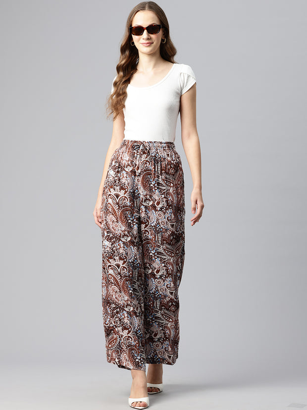 Brown Women Ethnic Motifs Printed Loose Fit High-Rise Trousers