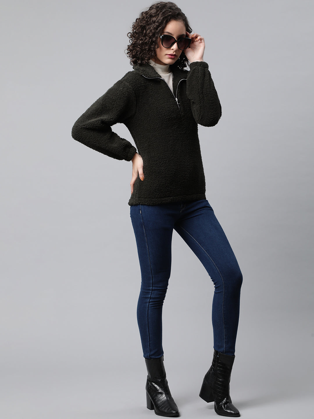 Women Olive Green Faux Fur Sweatshirt, Half Zipper