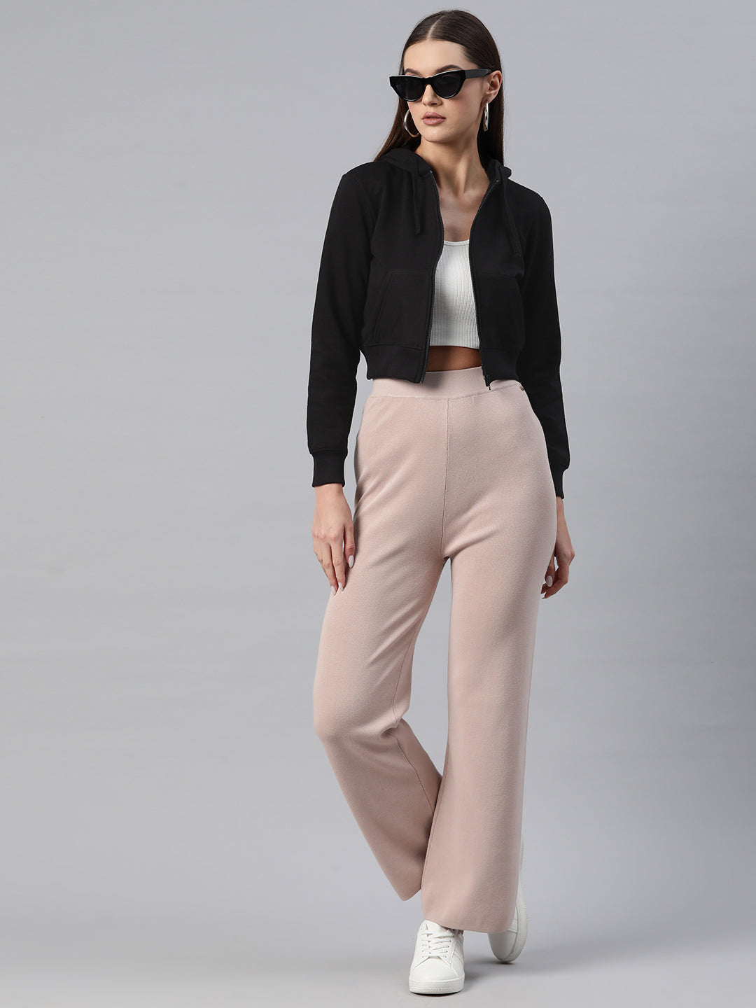 Black Hooded Cropped Fleece Sweatshirt