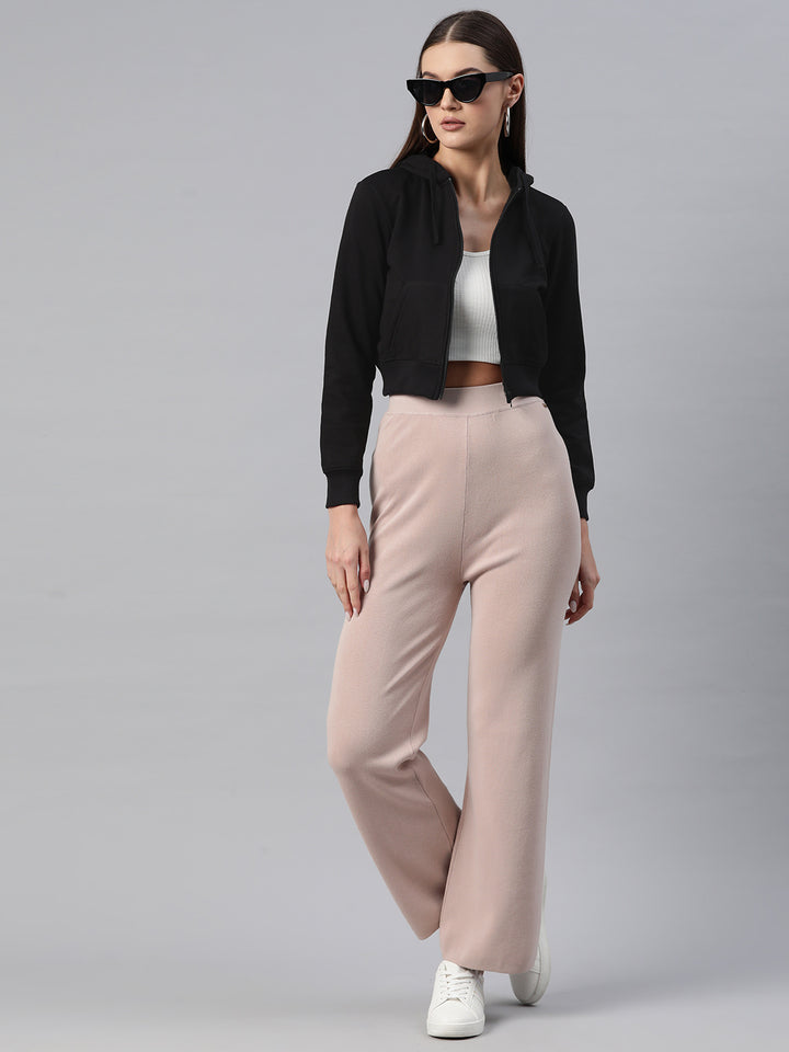 Black Hooded Cropped Fleece Sweatshirt
