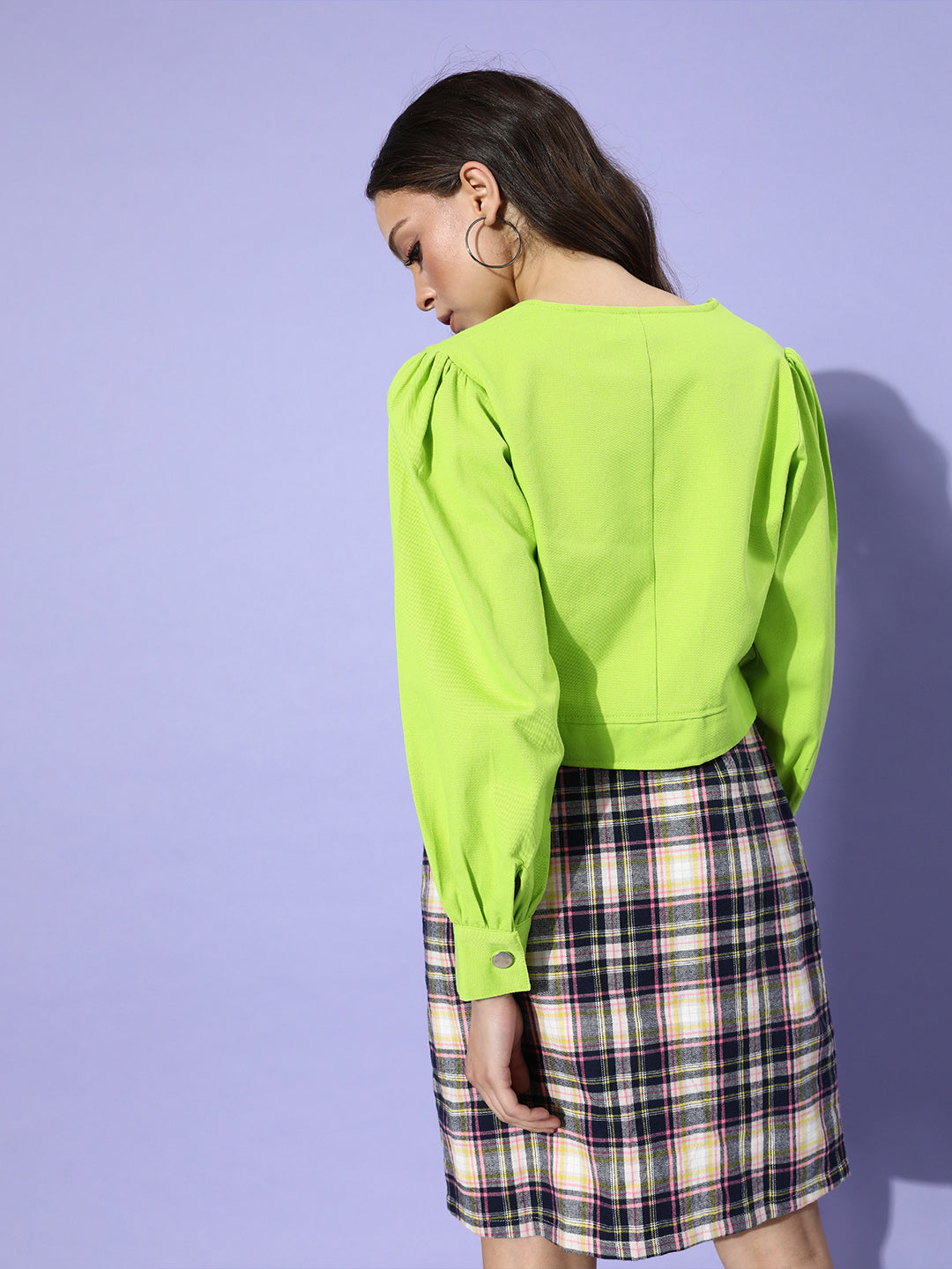 Women Fluorescent Green Solid Pure Cotton Cropped Jacket