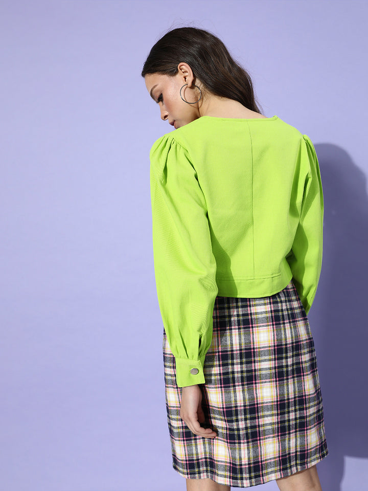 Women Fluorescent Green Solid Pure Cotton Cropped Jacket