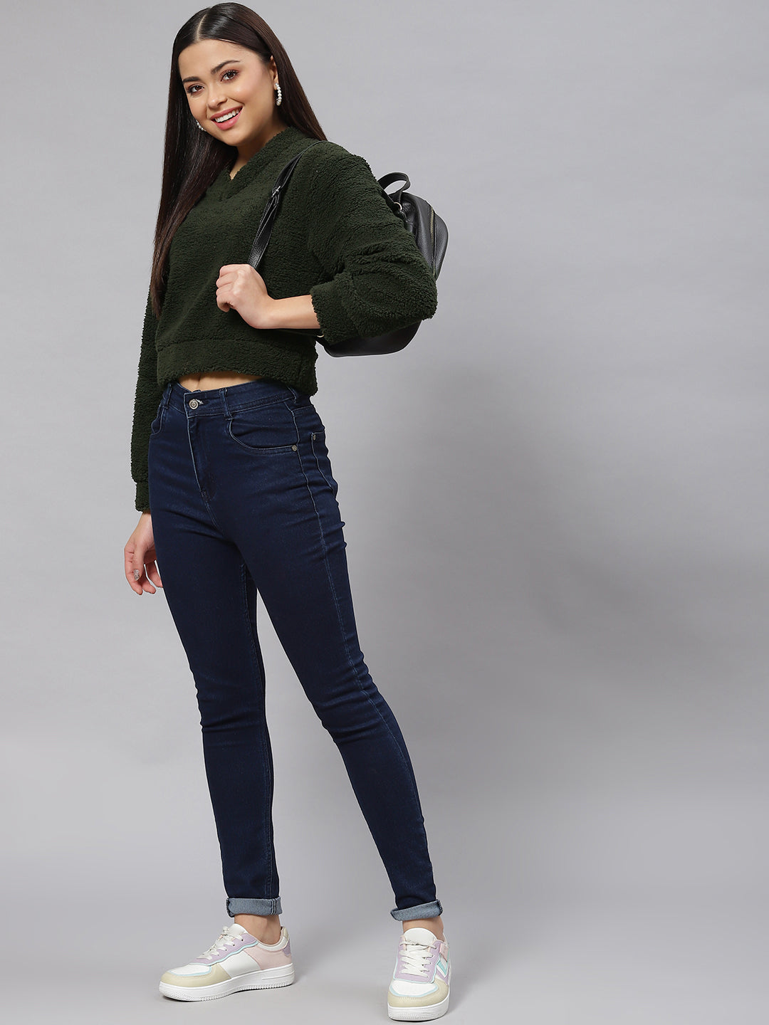 Green Cropped Faux Fur Sweatshirt