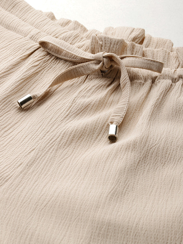 Beige Textured High-Rise Trousers