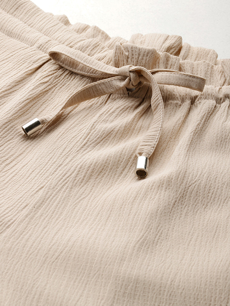 Beige Textured High-Rise Trousers