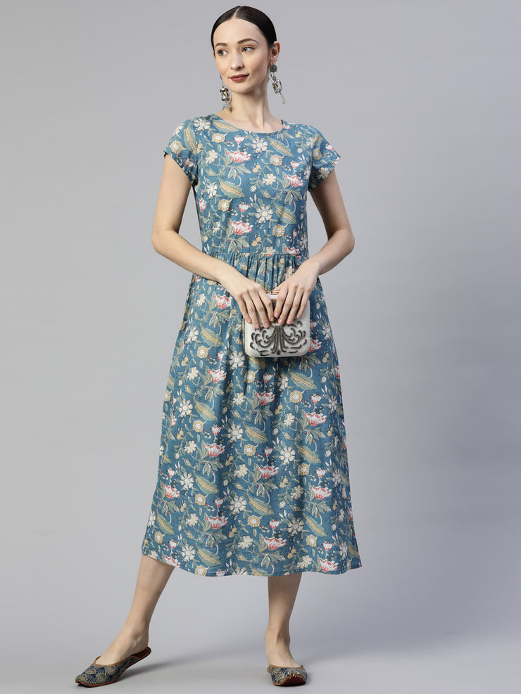 Turquoise Floral Printed Cotton A-Line Dress