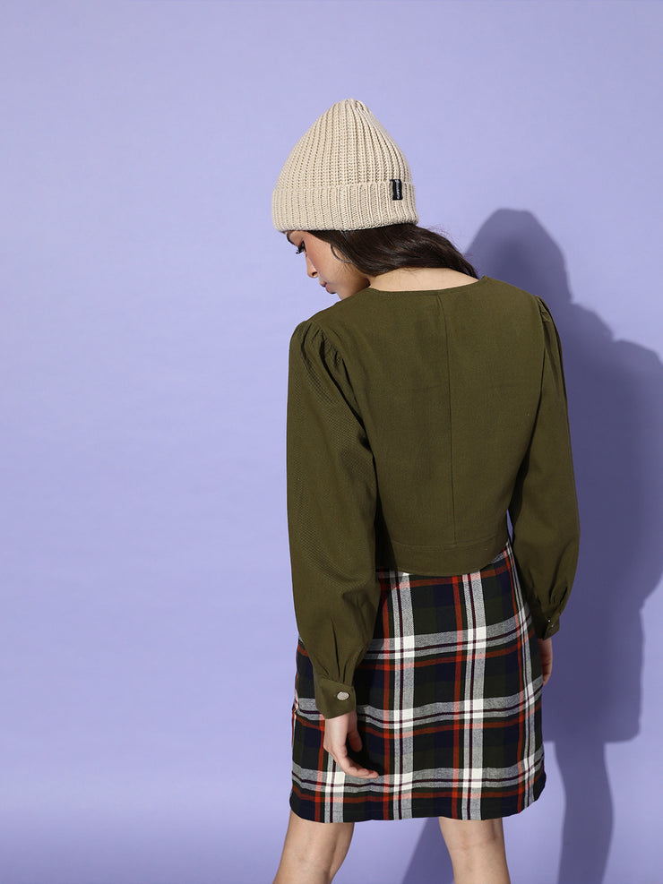 Women Lovely Olive Green Solid Pure Cotton Cropped Jacket