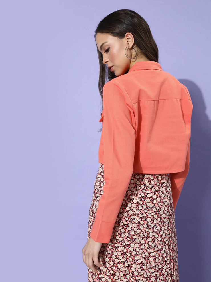 Attractive Peach Solid Pure Cotton Cropped Jacket