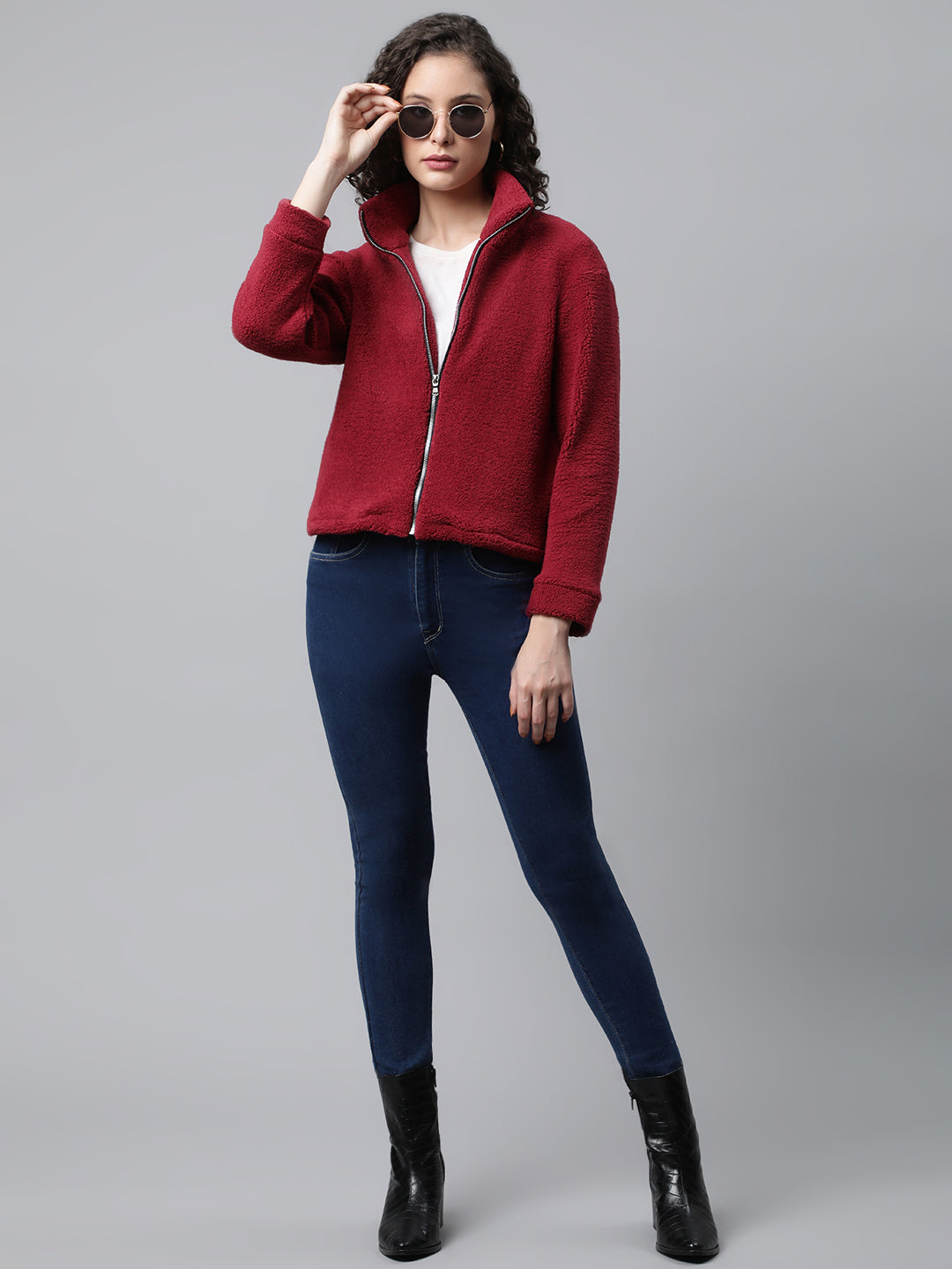 Woman Maroon Faux Fur Sweatshirt, Full Zipper