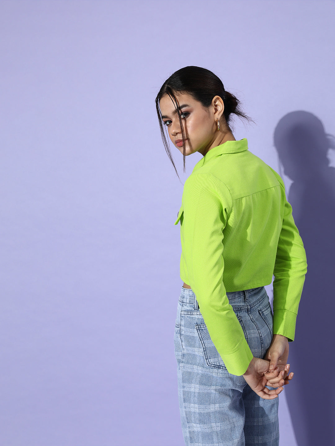 Women Attractive Fluorescent Green Solid Pure Cotton Denim Trucker Jacket