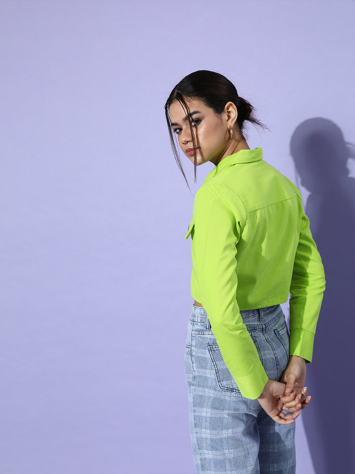 Women Attractive Fluorescent Green Solid Pure Cotton Denim Trucker Jacket