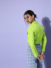 Women Attractive Fluorescent Green Solid Pure Cotton Denim Trucker Jacket