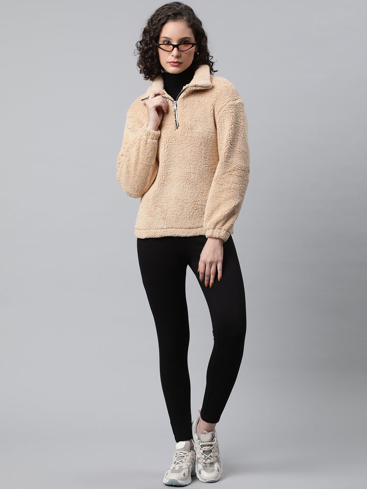 Women Beige Faux Fur Sweatshirt, Half Zipper
