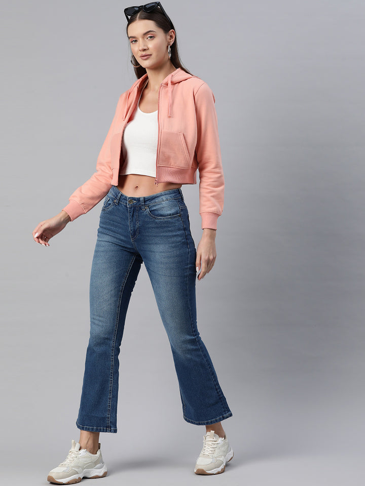 Peach-Coloured Hooded Cropped Fleece Sweatshirt